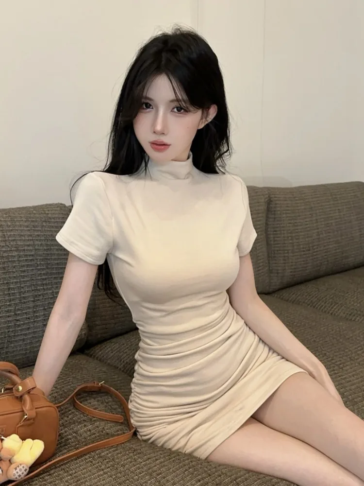 

Spring New Style Sexy Short Sleeve High Collar Super Slimming Simple Design Women's Base Layer Dress Korean Style Commute