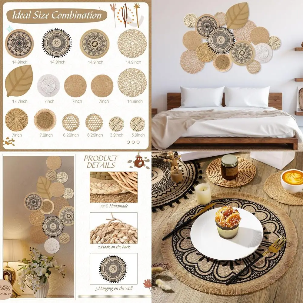 

Набор из 15 декоративных настенных корзин в стиле бохо, коричневые, плетеные из ротанга и морской травы, подвесные, в деревенском стиле, для декора стен или детской комнаты, размер L