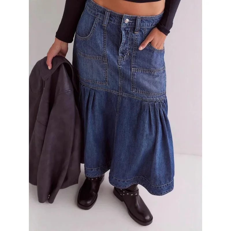 

2025 Новая уличная женская повседневная юбка-миди трапециевидной формы в стиле ретро с высокой талией