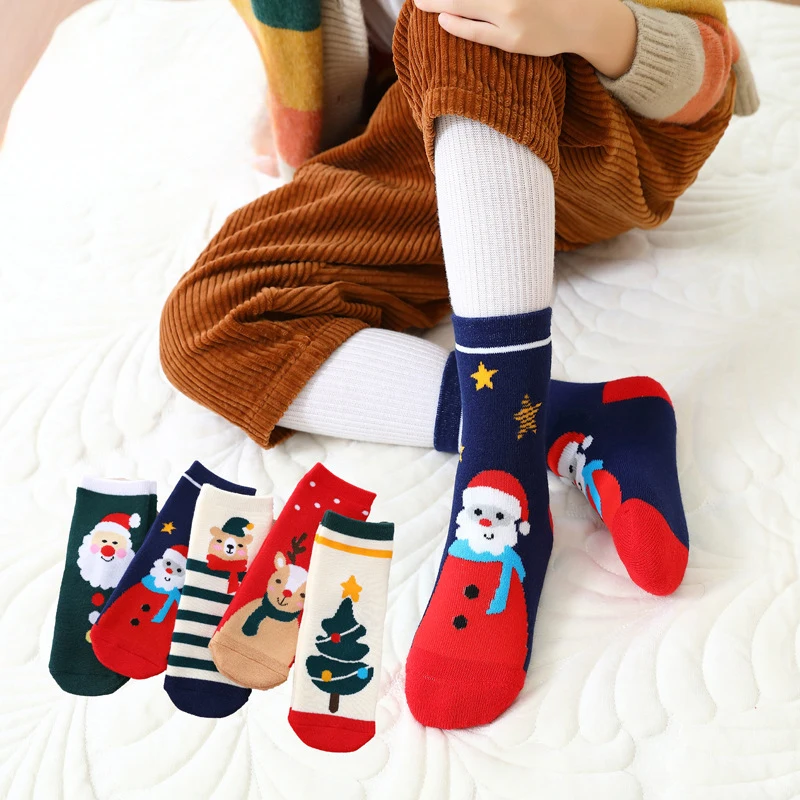 Chaussettes d'hiver ultra optiques pour enfants, chaussettes éponge, haute élasticité, points doux et délicats, éléments de Noël, cool, 1-16 ans, 5 paires