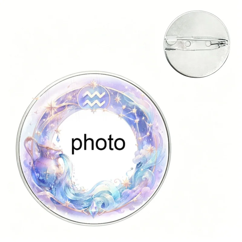 25MM Personalize Handmade Custom Your 12 Zodiac Signs Photo Pin Glass Round Brooch Baby Photo Custom Designed Photo Gift Pins