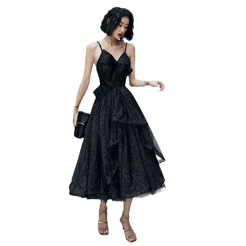 2025年新作 レディース ブラックイブニングドレス 高級感溢れる気品ある晩餐会 年次総会 誕生日ドレス エレガントで妖精のような気質