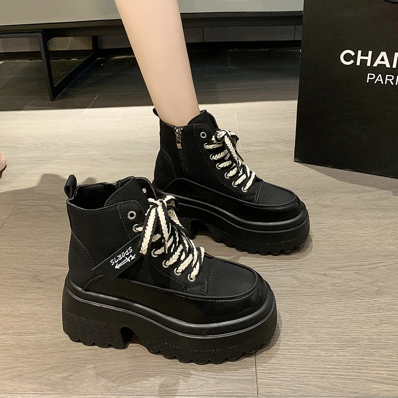 New Women Ankle Boots Autumn Winter Shoes Ulzzang 7CM Wedge Heels Platform Short Boots Woman Thick Sole Lace-up Leather Sneakers