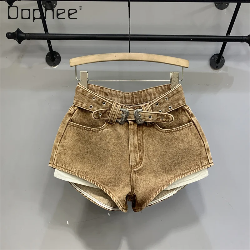 

American Retro Solid Denim Shorts 2024 Summer New Fashion Sexy Wide Leg Slim Hot Pants With Belt Spicy Girl Streetwear