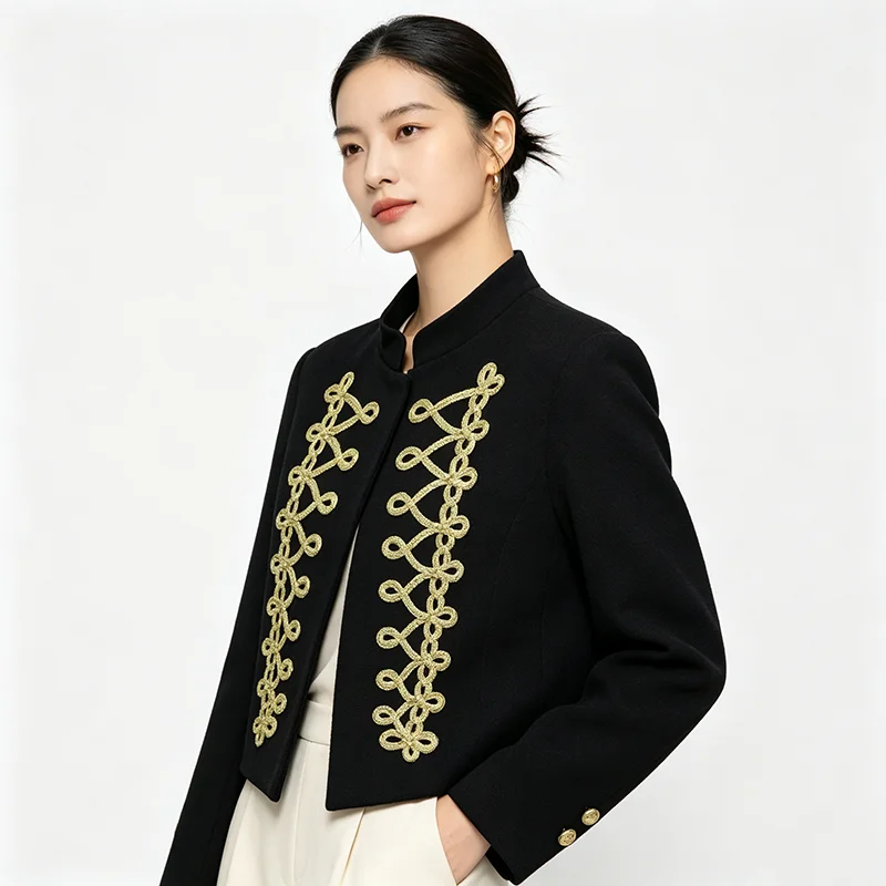 FANAN Women Black Stand Collar Cropped Jacket Gold Braided Knot Embellishment Long Sleeve Slim Vintage Short Outerwear Female