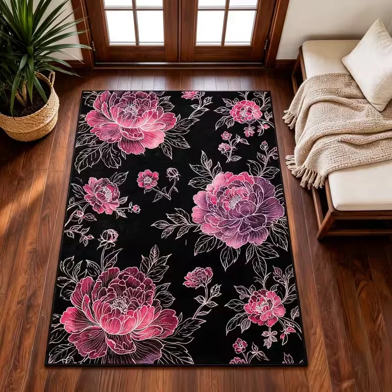 Vintage Floral Area Rug Black Background Gold Botanical Flower Print Soft Floor Mat Retro Carpet for Living Room Bedroom Decor