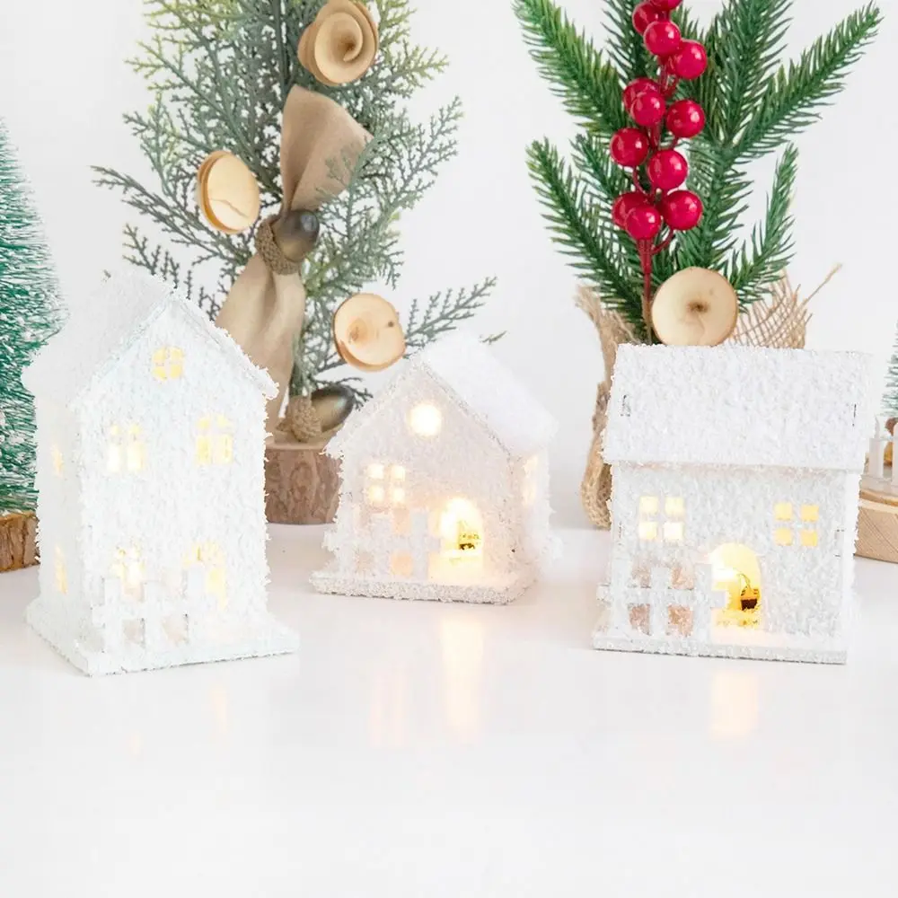 Ornament Mini Christmas LED Light Wooden House Luminous with Snowflake Glowing Castle White Desktop