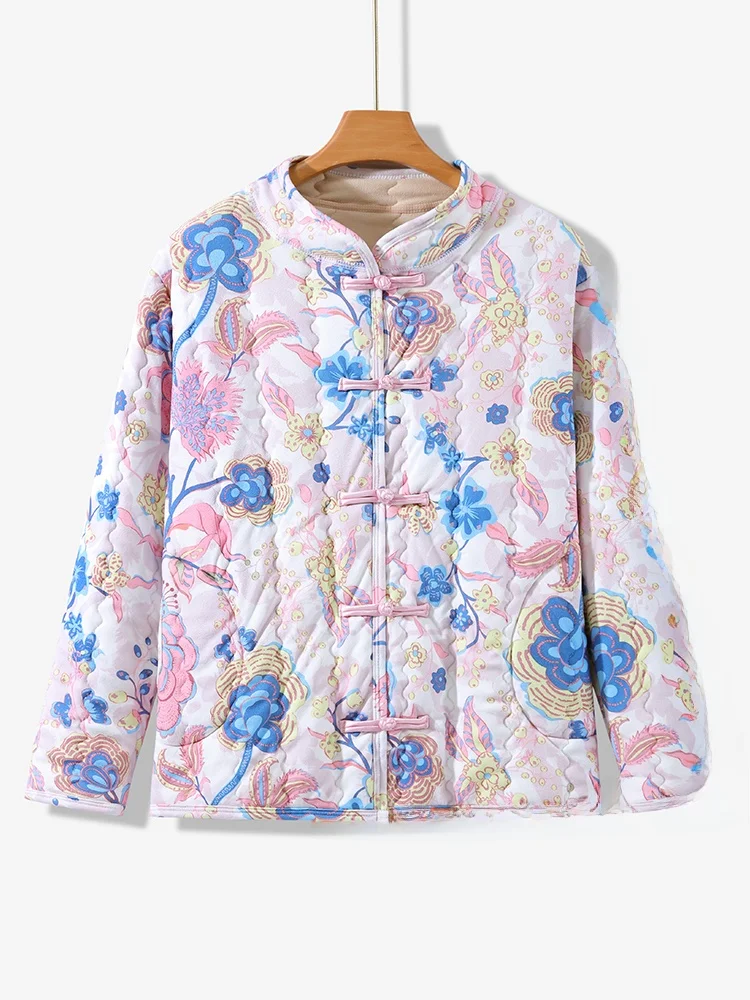 Thickened Warm Floral Loose Coat with Buckle Winter Cold Resistance for Middle-Aged And Elderly People Polyester Fiber Coat