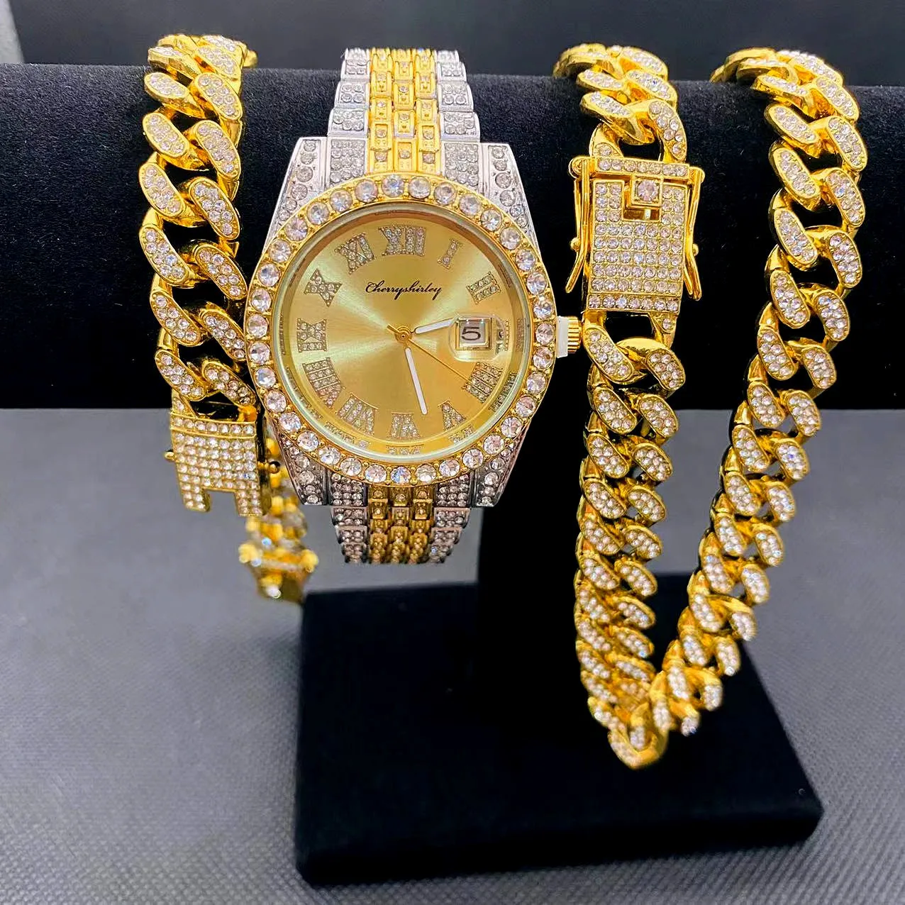 Full Iced Out Watches Men Gold Cuban Link Chains Bracelet Necklace Chokers Rapper Club Bling Fashion Jewelry for Men Watch Set