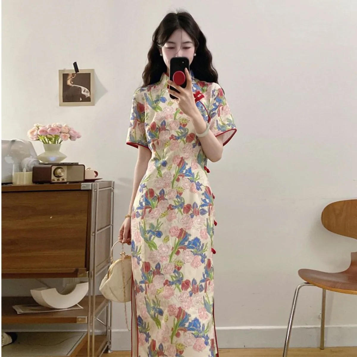 Plus Size Chinese Qipao, Summer Floral Cheongsam, Slimming Ancient Style Dress Women Fashion Chinese Traditional Clothing