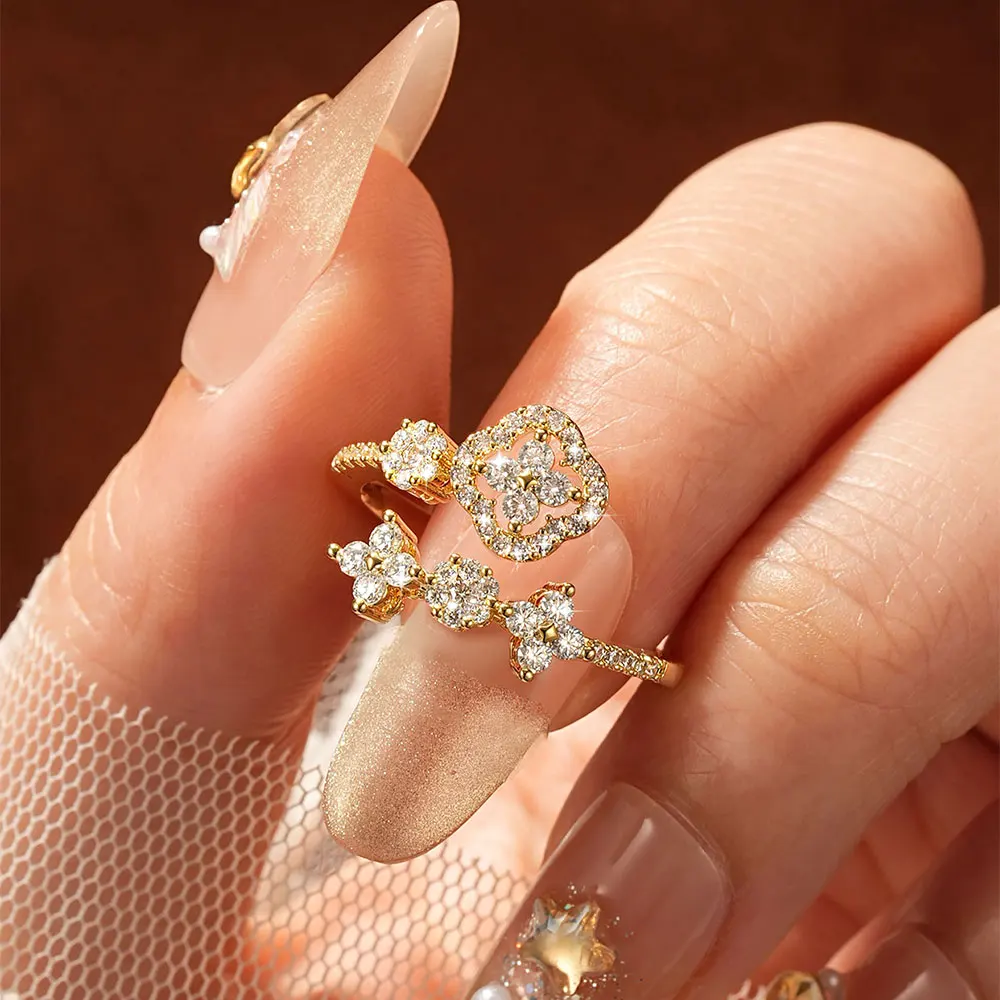 Lnkry 14 Karat Gold gefüllter verstellbarer Ring für Damen, exquisiter zertifizierter runder Moissanit-Ring mit vier Blättern, Blumenring, Schmuck, Geschenk – Detail 12