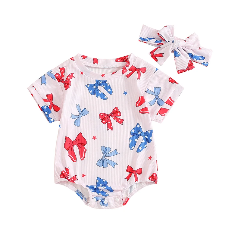 

Baby Girl 4th of July Outfit Star Bow Print Short Sleeve Romper Headband Toddler 2 Piece Set for Summer