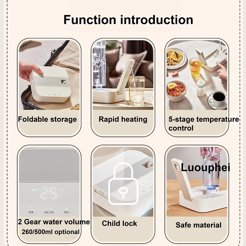2000W Portable Instant Hot Water Dispenser Mini Electric Kettle Foldable Pocket Rapid Heating Temperature Control Pump 260ml