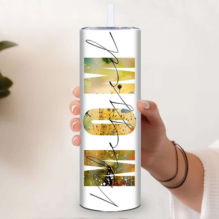 20oz 1Pc Blessed Mom Floral Tumblers Straw Lid Stainless Steel Straight 3D Print Flowers Winter Water Bottle Party Festive Gifts