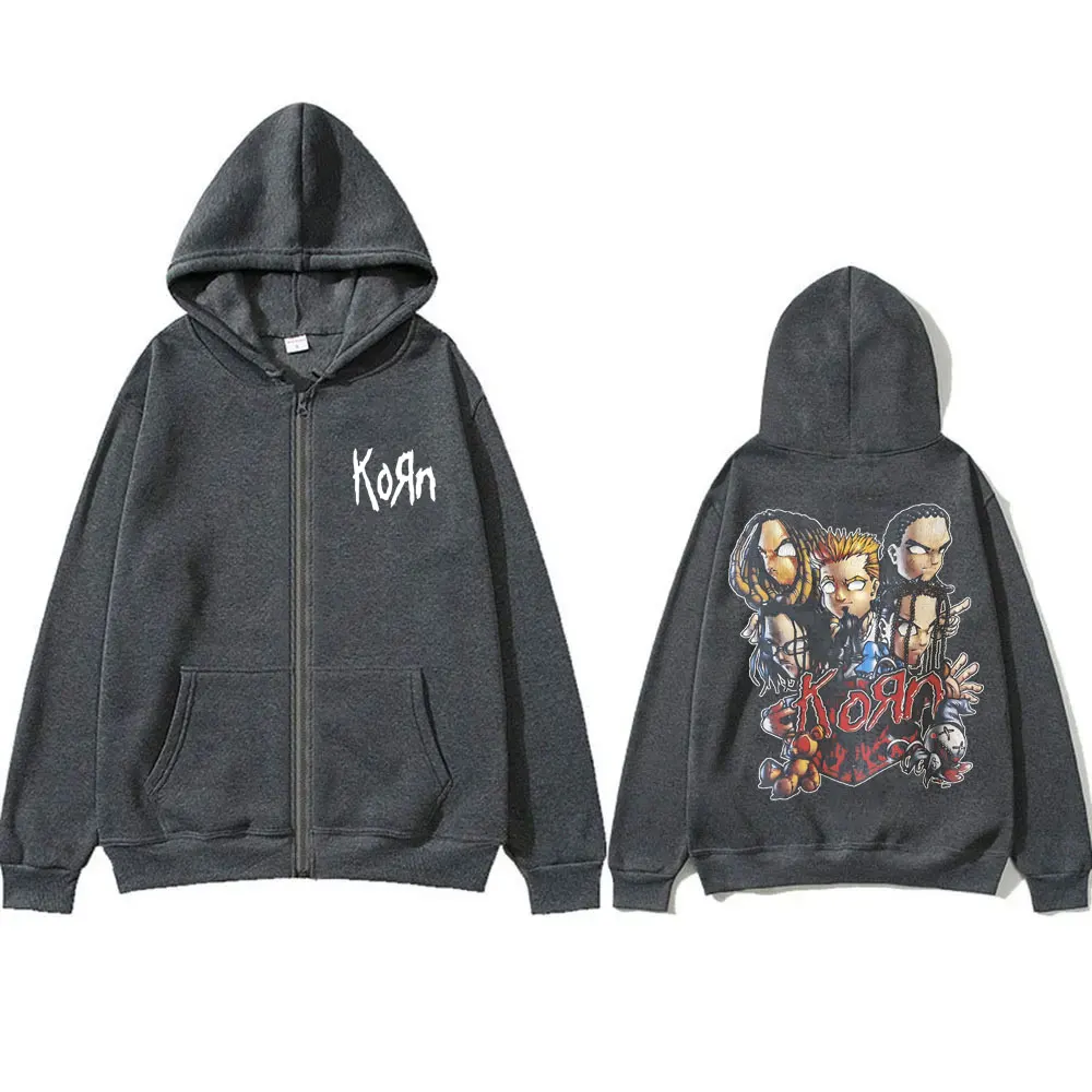 Sweat à capuche zippé imprimé dessin animé pour hommes et femmes, sweat à capuche Rock Band Korn, sweats à capuche musicaux en dermatmétal, veste zippée respirante à la mode