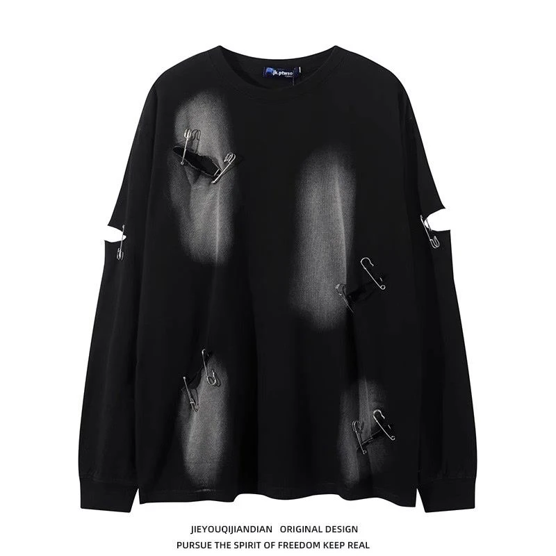 Summer Fall Pin Ripped Hole Long Sleeve Men O Neck Sweatshirts High Street Loose Hip Hop Students Oversized Clothing Black Grey