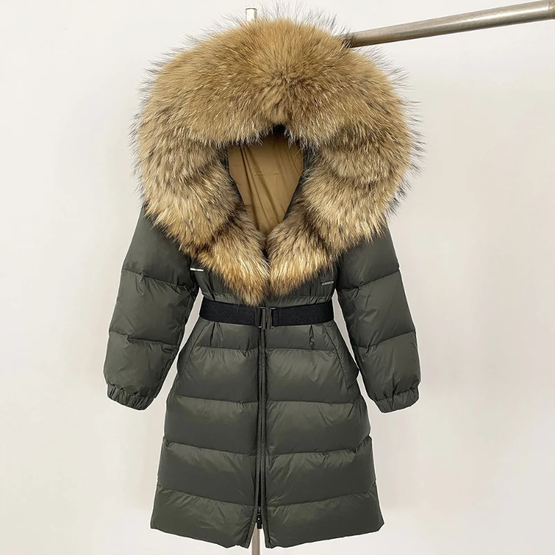 2025 nuevo abrigo de plumón de pato blanco cálido y grueso Natural 90% chaqueta larga de invierno para mujer Real piel de zorro grande cinturón con cuello Parka acolchada suelta A8