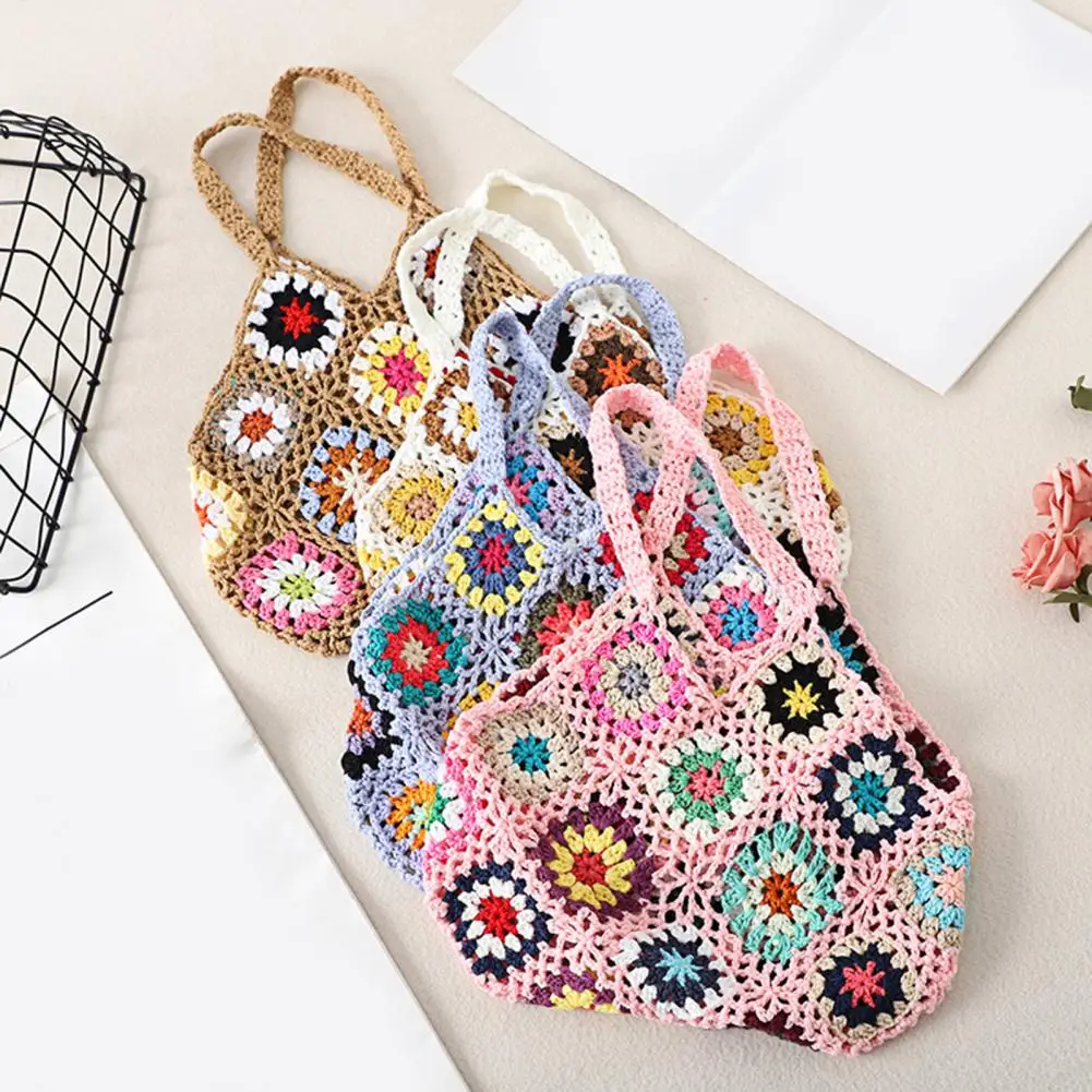 Bohemian Crochet Ladies Shoulder Bags Knitted Multicolor Hollow Tote Bag Retro Casual Knit Tote Bag Summer Beach Bag