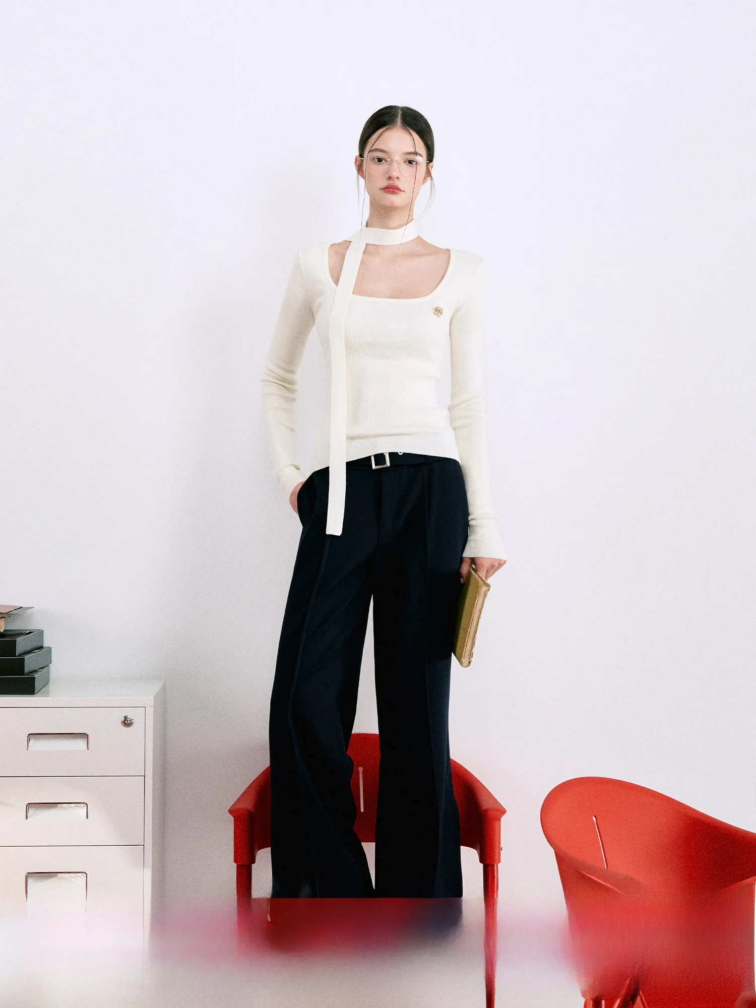 

Casual Tailored Straight Leg Pants Women's 2025 with Belt Slimming Versatile Trousers Korean Sle Long Pants Polyester Fiber