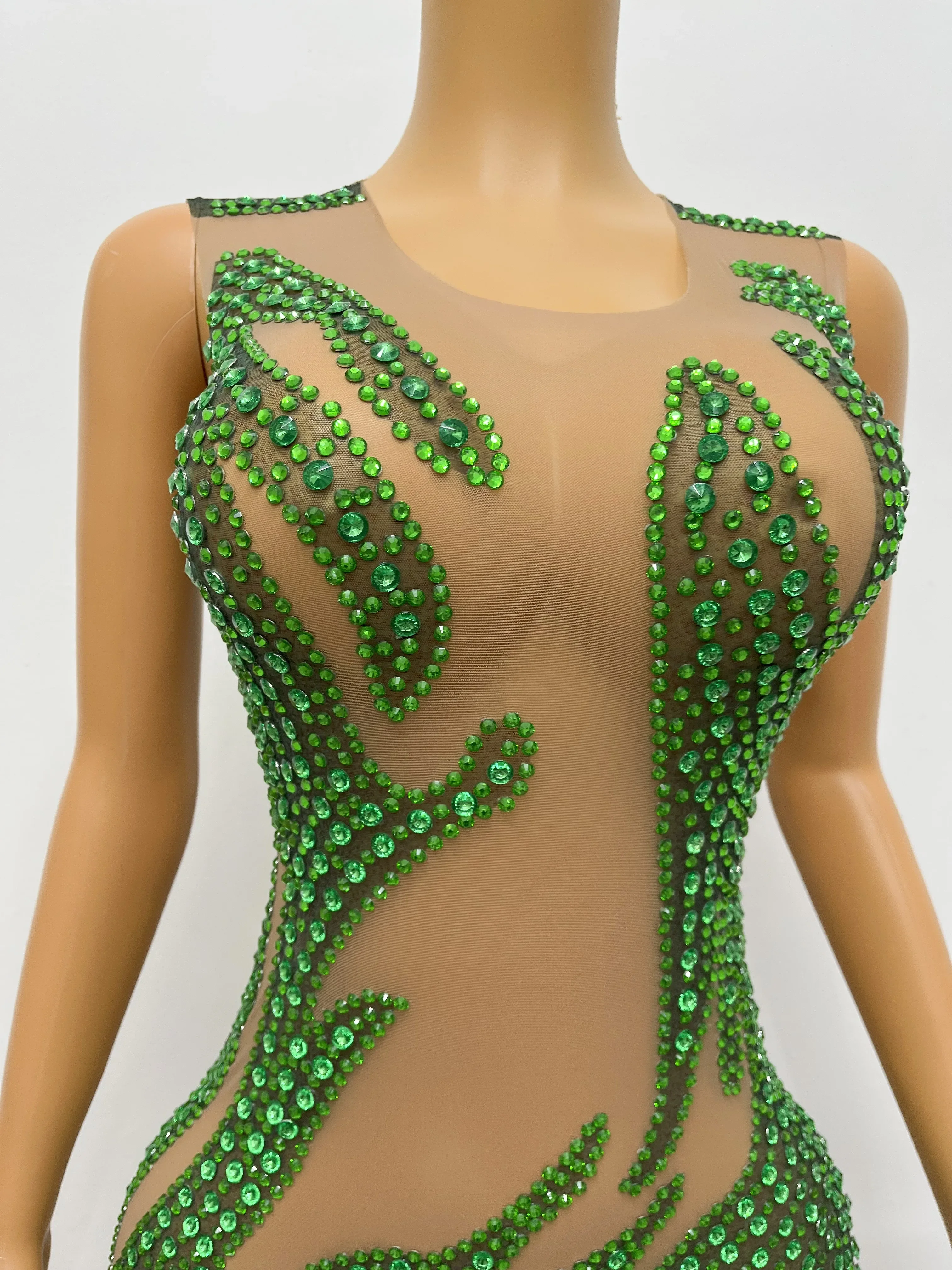 Grüne Strass steine sexy nacktes transparentes Kleid Geburtstag feiern durch Outfit Abend Frauen Performance Kostüm lvyi