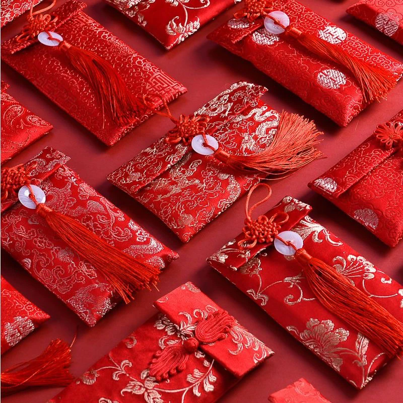 Saco de presente envelope vermelho com nó chinês, pacotes vermelhos de ano novo, casamento tradicional, bolso da sorte, sacos com borla para casamento, festival de primavera