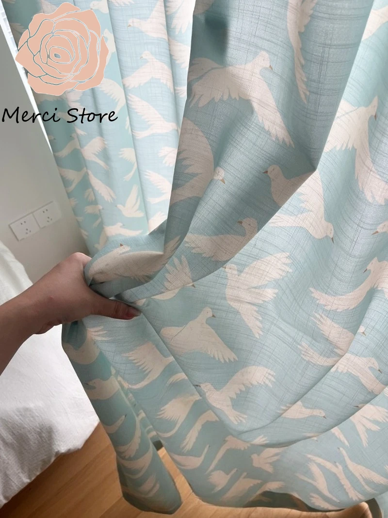 

Nordic Simple Retro Semi Blackout Blue Bird Printed Curtains for Childrens Room Bedroom Kids Cotton Linen Texture Drapes Custom