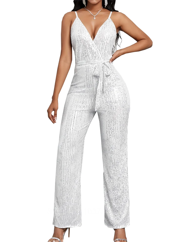 Elegant Sexy Jumpsuits Women Sleeveless Sequin Glitter Shiny Trousers Wide Leg Pants Rompers Backckless Jumpsuit Romper Overalls