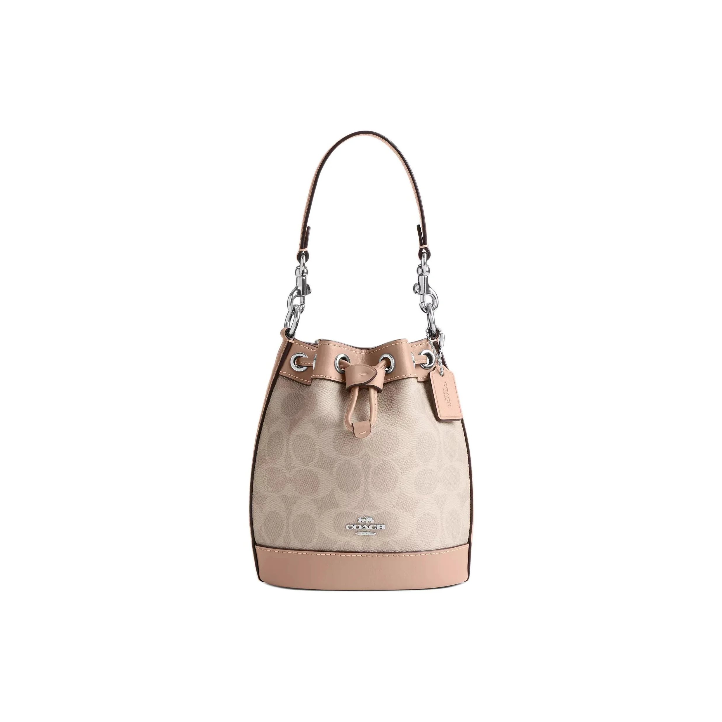 COACH Dempsey Coated Canvas With Leather One Shoulder Bucket Bag, Crossbody Handbag Mini Women's Light Khaki CW299-SVPWH