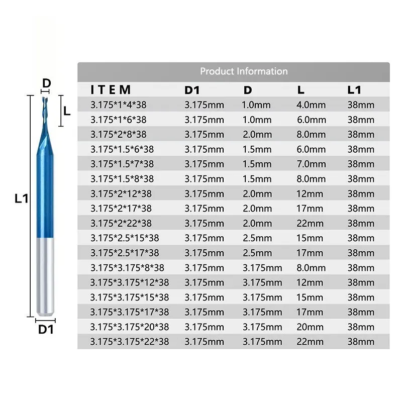 Router Bits 2 Flute End Mill 3.175/4/6/8/10/12mm Shank Flat Milling Cutter Nano Blue Coated Carbide Milling Tools