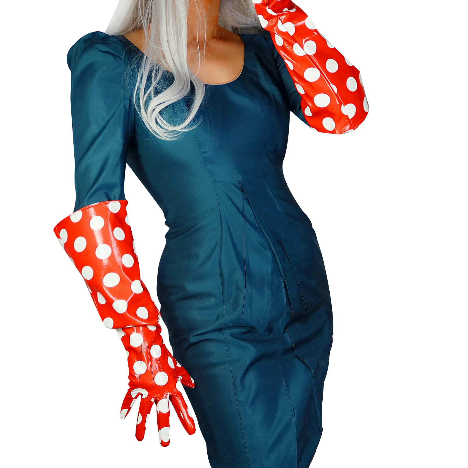 

DooWay LATEX LONG GLOVES Faux Shine Patent Leather 20" 50cm Polka Dot Red Wide PUFF SLEEVES Evening Christmas Cosplay Glove