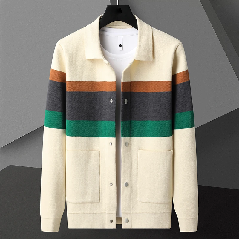 

2023 Fall Winter New Wool Sweater Men Cardigan High End Simple Striped Knit Jacket Korean Handsome Soft Warm Mens Clothing Coats