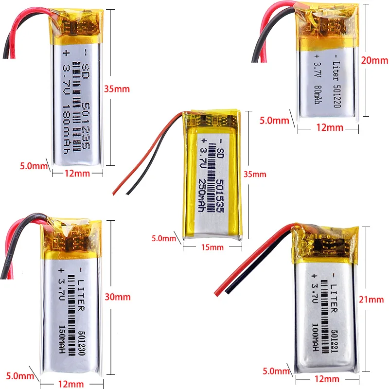 501220 80mah 501221 100mah 501230 150mah 501235 180mah 501535 250mah 3.7V Polymer Lithium Battery