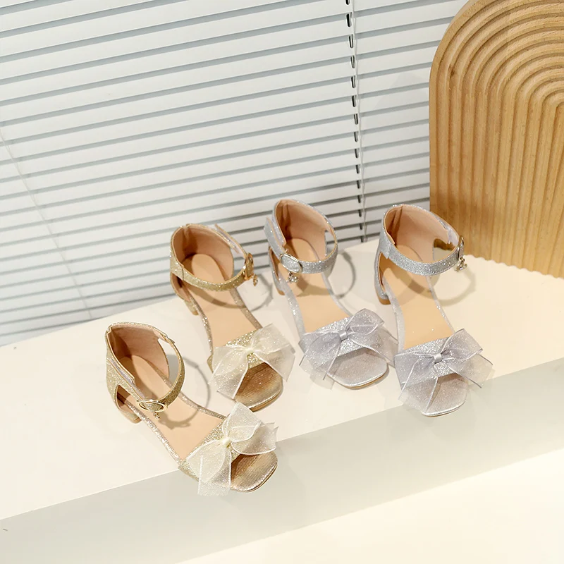 2026 Summer Kids Dress Sandals New Sweet Bowknot Girls Fashion Style Open-toe Sandals  Heels Sequins Children Princess Sandals