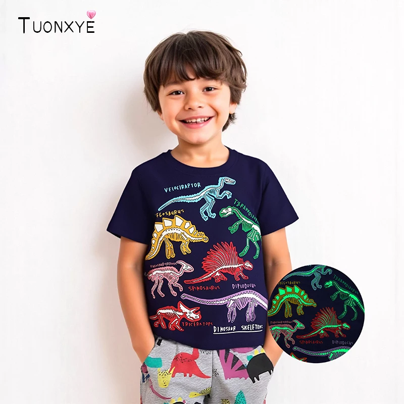 TUONXYE 2026 Sommer Neue Leuchtende Dinosaurier Jungen Kurzarm T Shirt Baumwolle Baby Jungen Tops Tees Shirts für Kinder Mode Kostüme