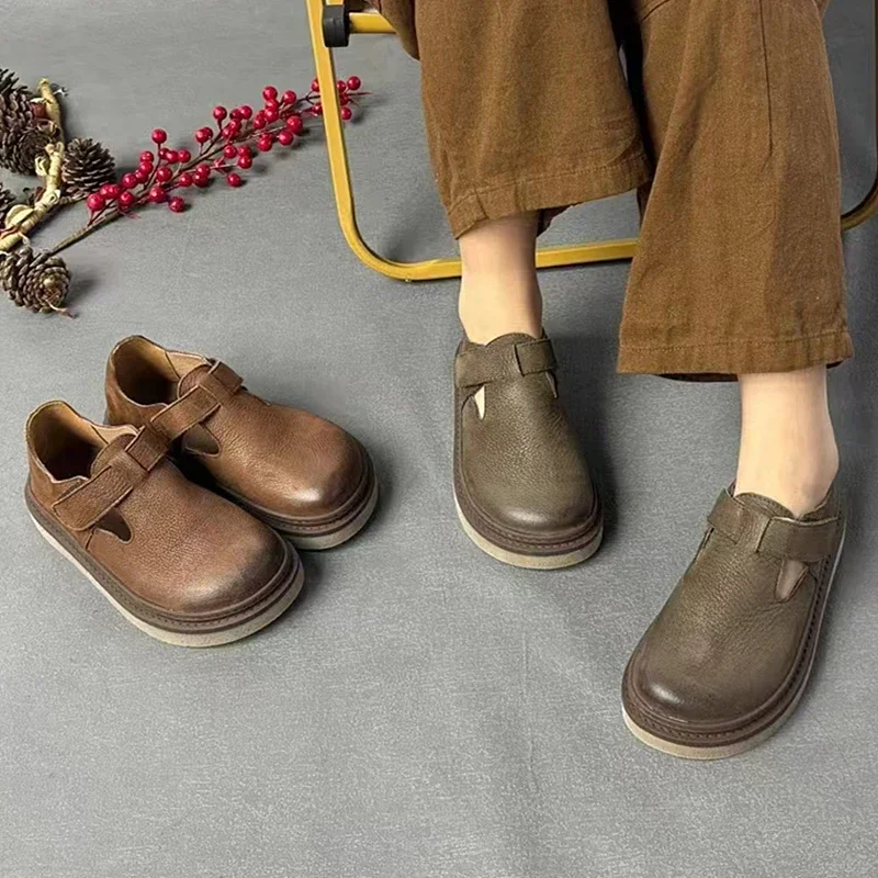 Mocasines de piel auténtica con suela gruesa para mujer, zapatos planos de piel de vaca Retro