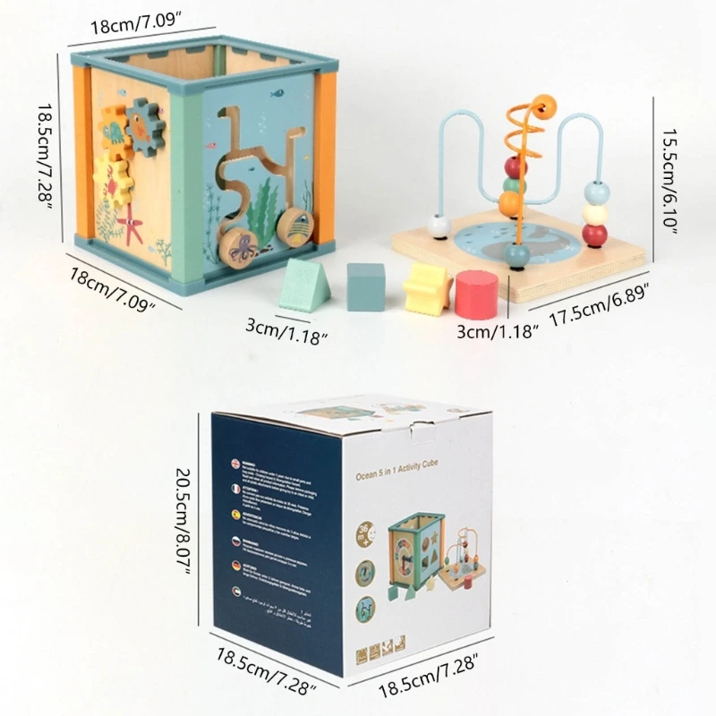 Juguete 5 en 1 para niños, Cubo de madera, laberinto Montessori, círculo alrededor del tiempo de cuentas, aprendizaje de matemáticas, juguetes educativos para niños pequeños