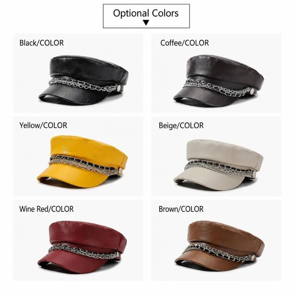 Retro PU Leather Newsboy Cap Silver Chain Decor Short Brim Beret Hat Adjustable Casual Peaked Hat Daily Use