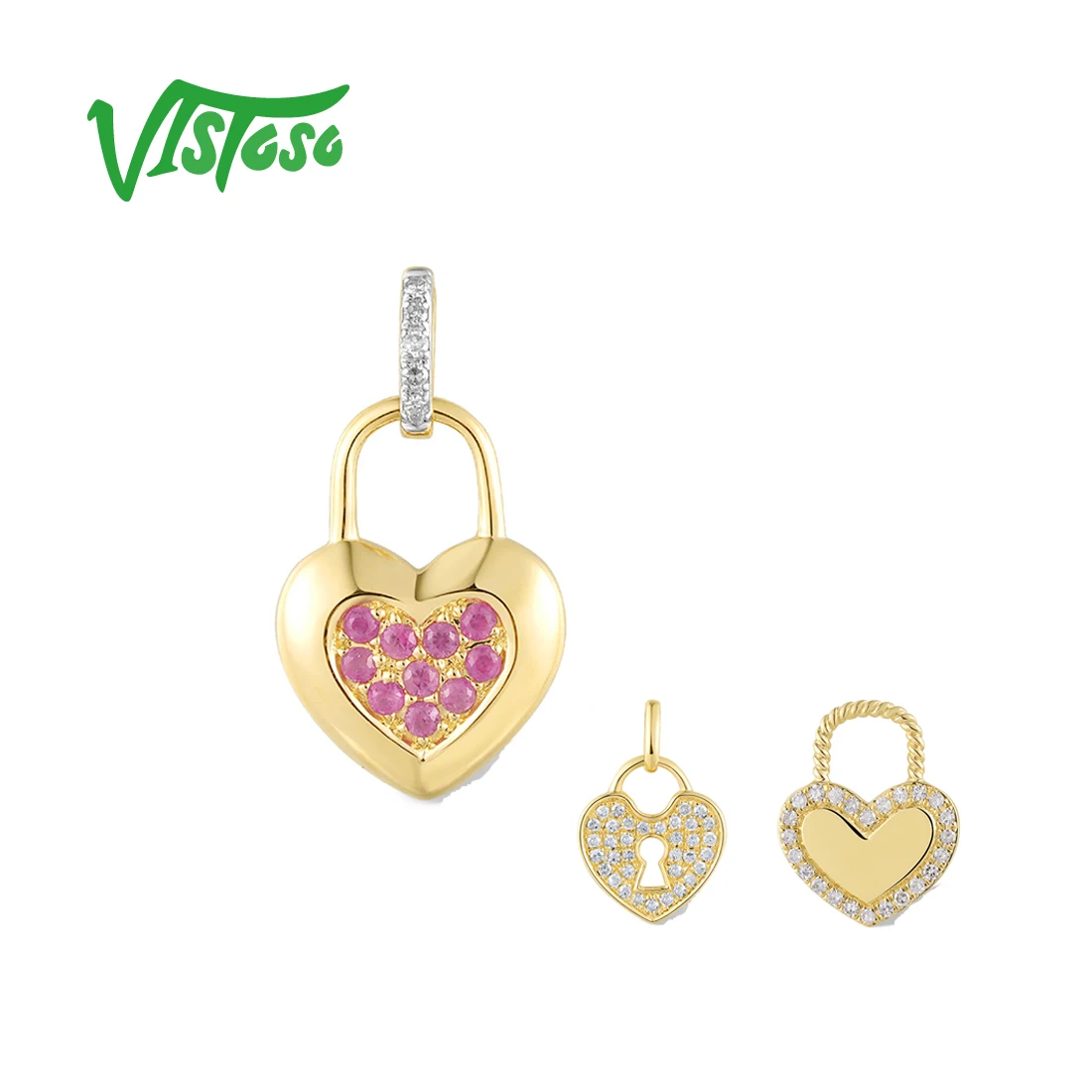 

VISTOSO Pure 14K 585 Yellow Gold Pendant For Women Sparkling Diamond Pink Sapphire Sweet Heart Lock Valentine's Day Fine Jewelry