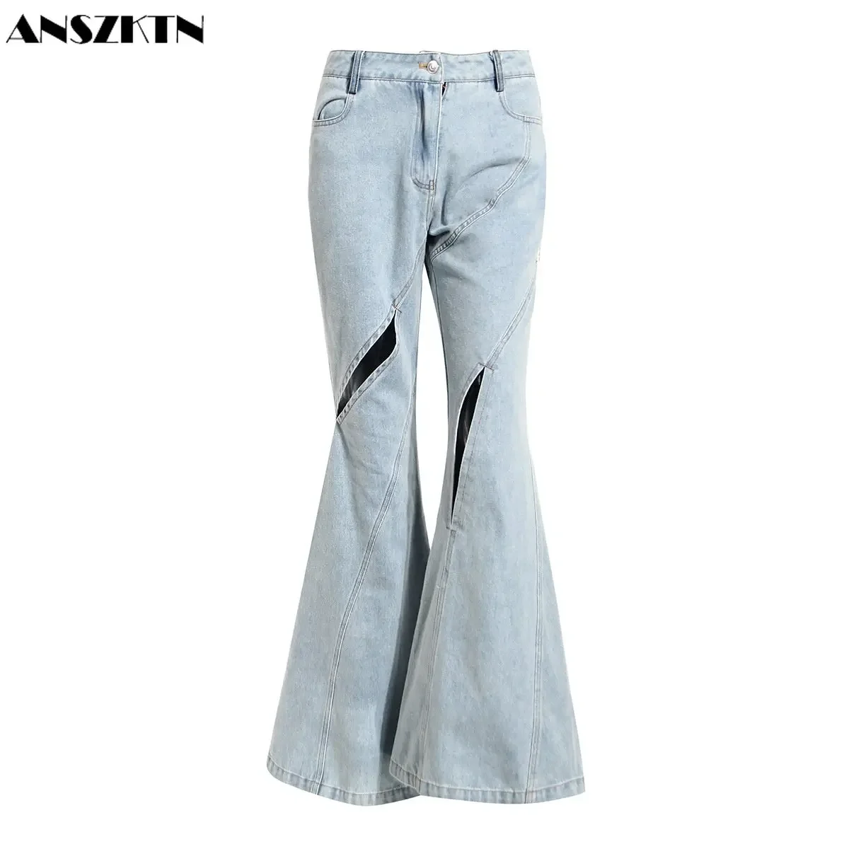 

ANSZTKZN Fashion Hollow High Waist Khaki Skiny Womens Flare Denim Flared Jeans Pants