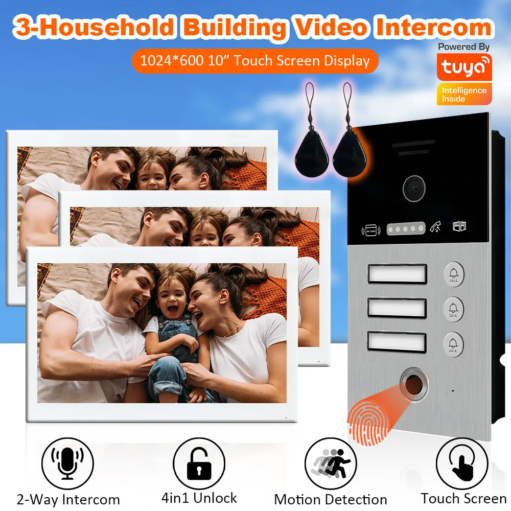 1F/2F/3F Wifi Tuya Smart 4 Wire Doorbell Video Intercom for Apartment Building 7/10inch Touch Screen 4 In1 Unlock