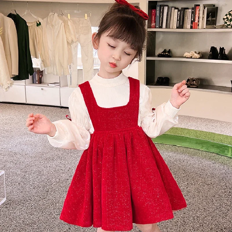 Girl Dress Sweet Red Bow Skirt 3-8 Year Old New Year Fashion Princess Dress Autumn and Winter Children Vest Skirt Set