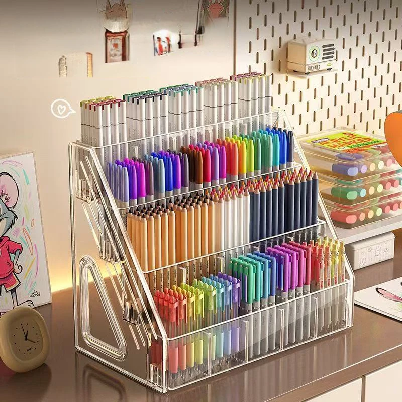 Large Storage Acrylic Divided Pen Holder, Desktop Watercolor Marker & Paint Brush Rack Artist Stationery Storage Box