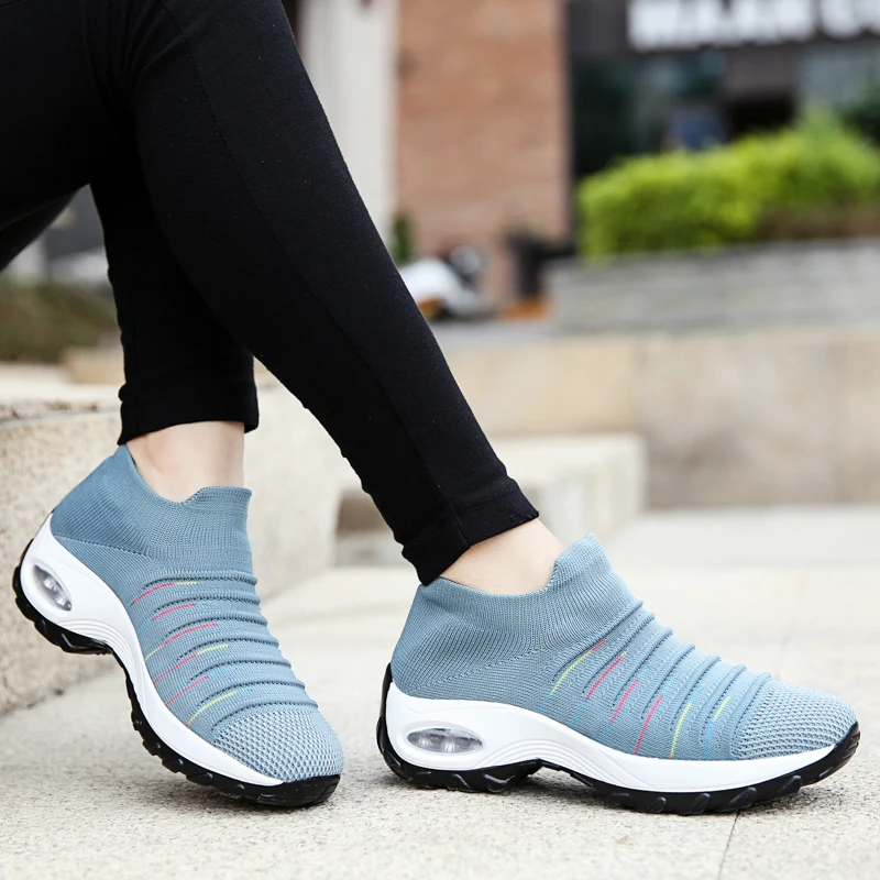 Ultra Light Sock Shoes Slip on Sneakers for Women Air Cushion Grey Arch Support Lady Casual Walking Shoes Outdoor Sport Shoes