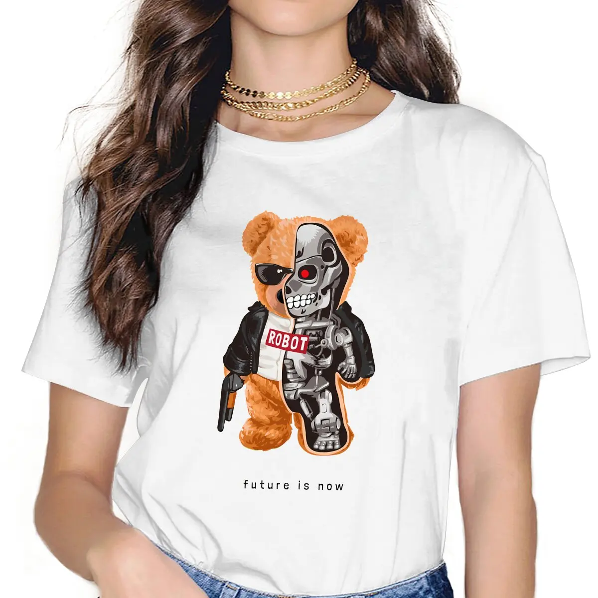 Uture Is Now Women's T Shirt Teddy Robot Ladies Tees Kawaii Polyester Tops Basic Tshirt y2k Fashion