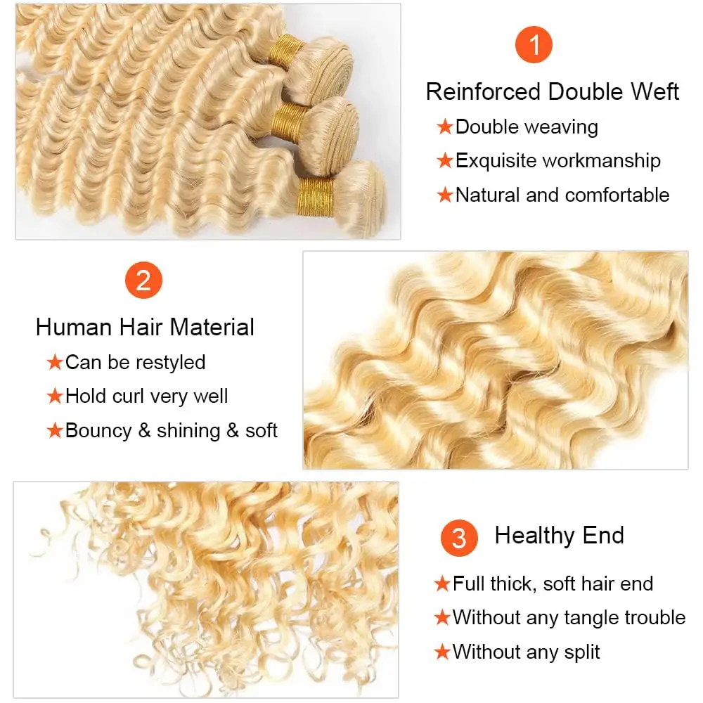 613 Human Hair Bundles Deep Wave 1/3/4 Bundle Blonde 22 24 26 28 Inch Color 613 Bundles Human Hair Extension 65g Single Bundle Double Weft Unprocessed Brazilian Virgin Hair - view 4