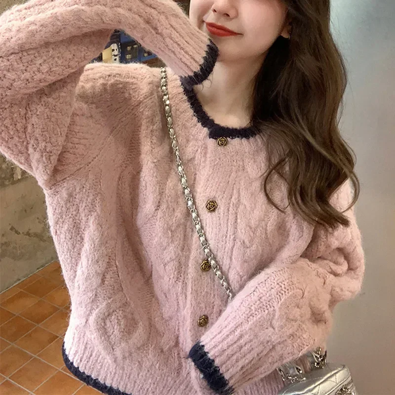 Women\'s Sweater Long Sleeve Short Cardigan Loose Casual Crop Knitted Sweater Crewneck Fall Winter Ladies Button Down Knitwear