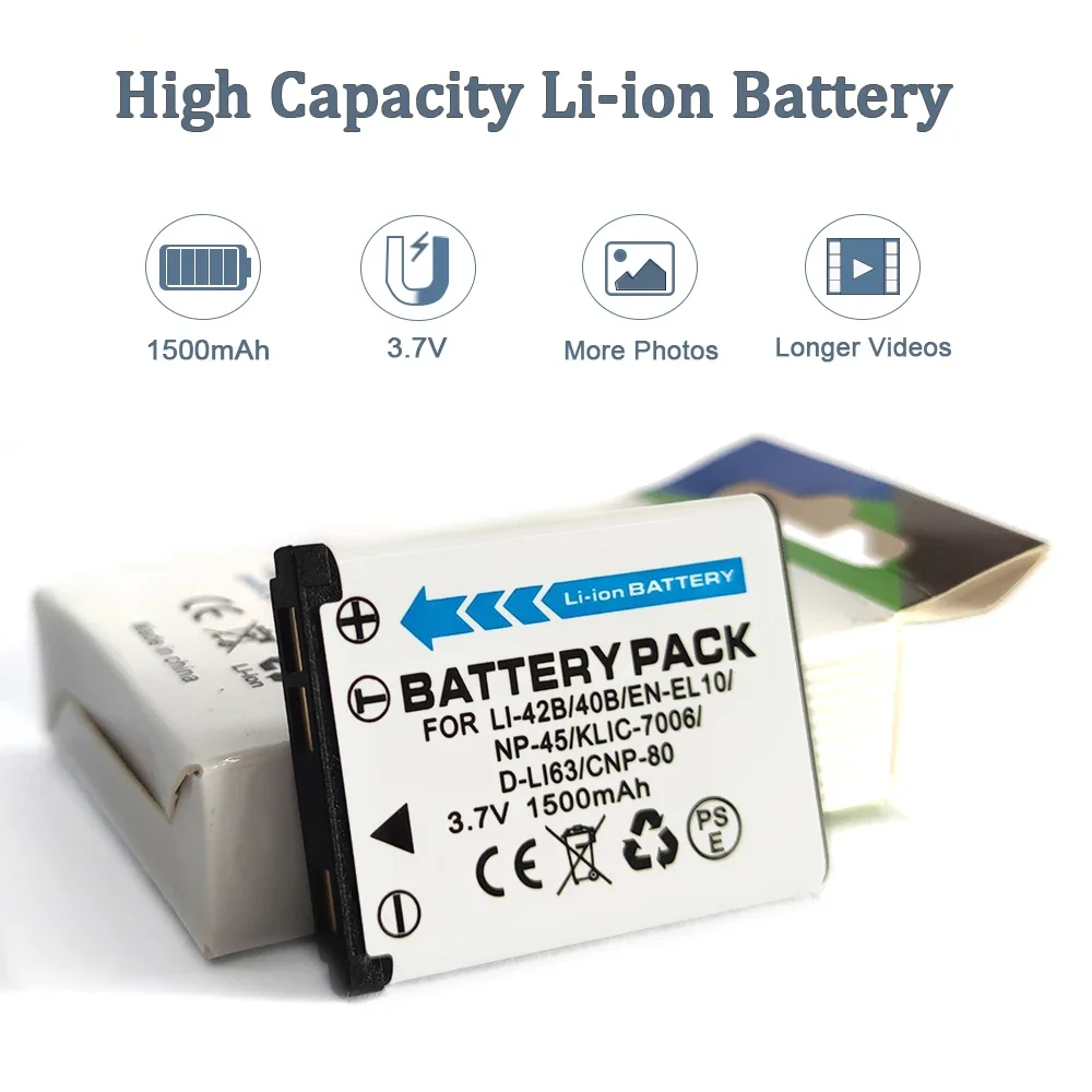 1500mAh 3.7V LI-42B/40B EN-EL10 NP-45 D-LI63 CNP-80 KLIC-7006 Battery For Olympus Pentax Nikon  Fujifilm CASIO Camera Batterie