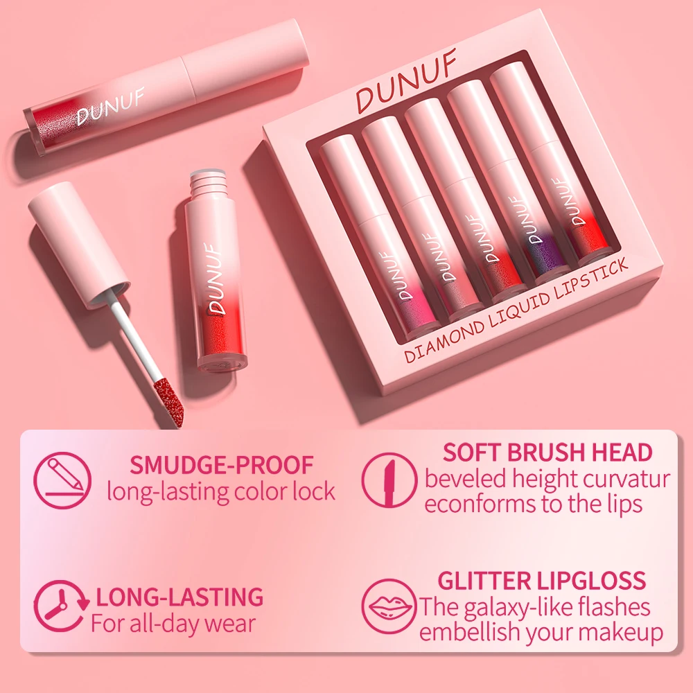 Dunuf 5 pçs/set shimmer diamante glitter brilho labial fosco batom líquido sexy à prova dwaterproof água pérola veludo lipgloss lábios maquiagem