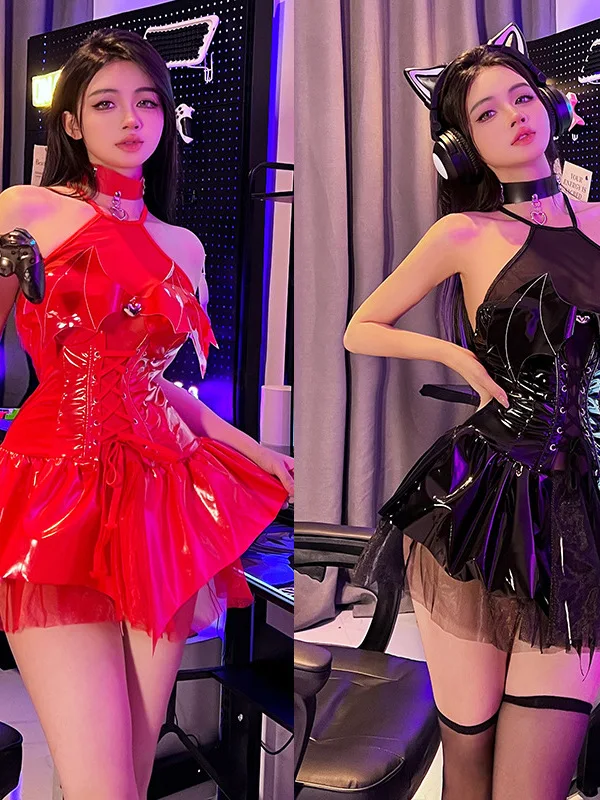 Minivestido exótico de encaje transparente de malla para Cosplay, vestido Sexy ajustado con laca de Diablo, uniforme de PU, Top elegante de moda coreana, D044