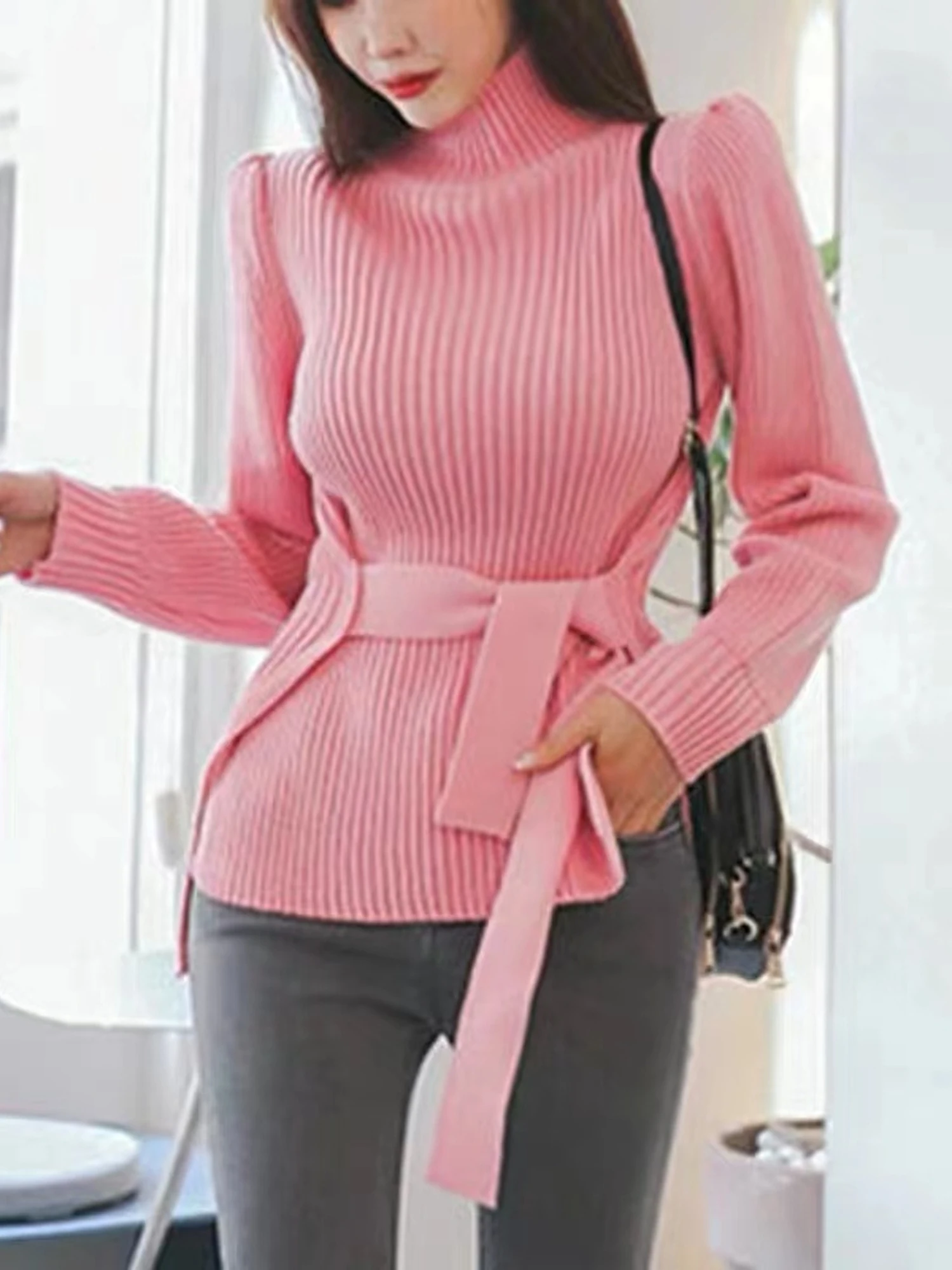 Elegant Red High Collar Twist Sweater Women's Autumn Winter Slim Fit Lazy Style Waist Cinched Striped Knitted Top